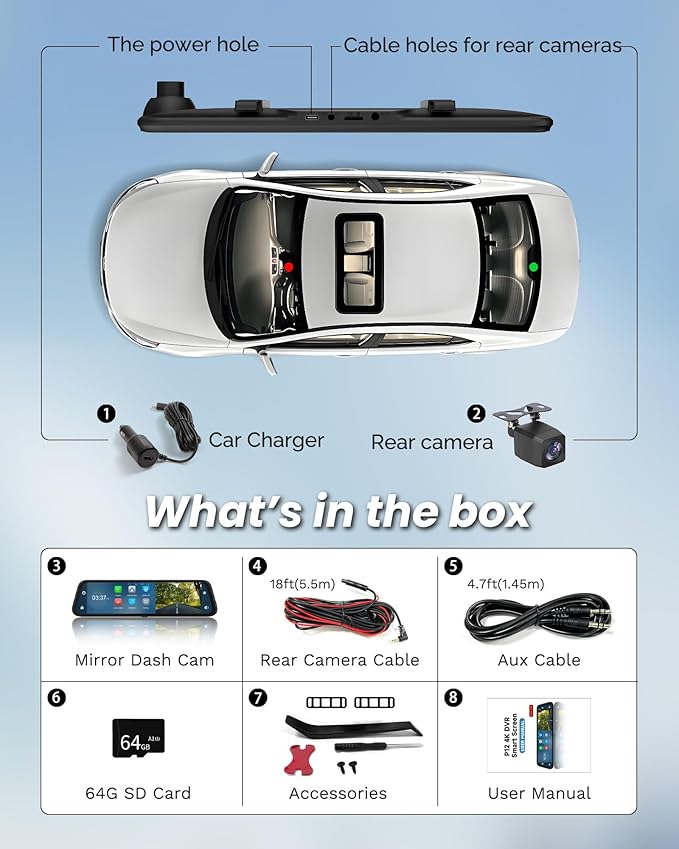 4K Rear View Mirror Camera with Carplay&Android Auto,12" Mirror Dash Cam Front and Rear with Voice Control for Cars&Trucks,Smart Touch Screen,64GB Card Included/Loop Record/Reverse Assist