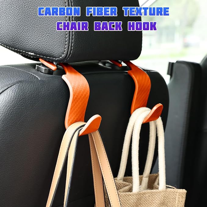 Car Seat Headrest Hooks, 4PCS Carbon Fiber Vehicle Back Seat Storage Hanger Holder for Hangbag Coat Grocery, Automotive Interior Headrest Hook Organizer, Universal for Vehicles (Orange)