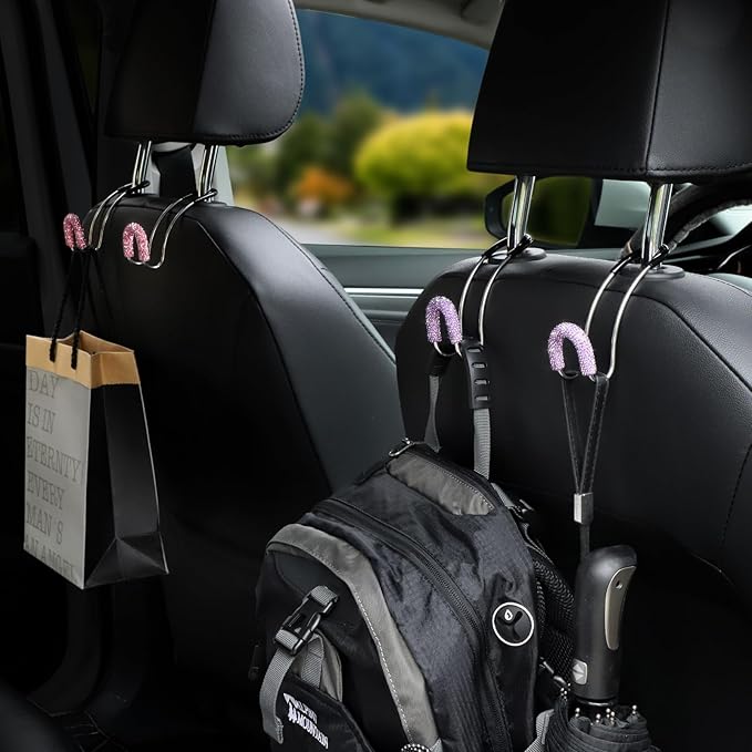 Soleebee 2 Pack Bling Car Headrest Hooks Crystal Rhinestones Universal Car Seat Hook Auto Hook Durable Car Back Seat Hangers Storage Organizer (Pink)