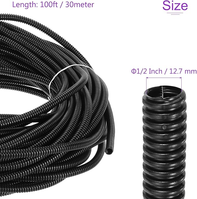 DMiotech 100ft Wire Loom Split Tubing 1/2 Inch(12.7 Mm) ID, Cord Protectors from Pet Flexible Conduit Cable Management for Office, Home, Garden, Black