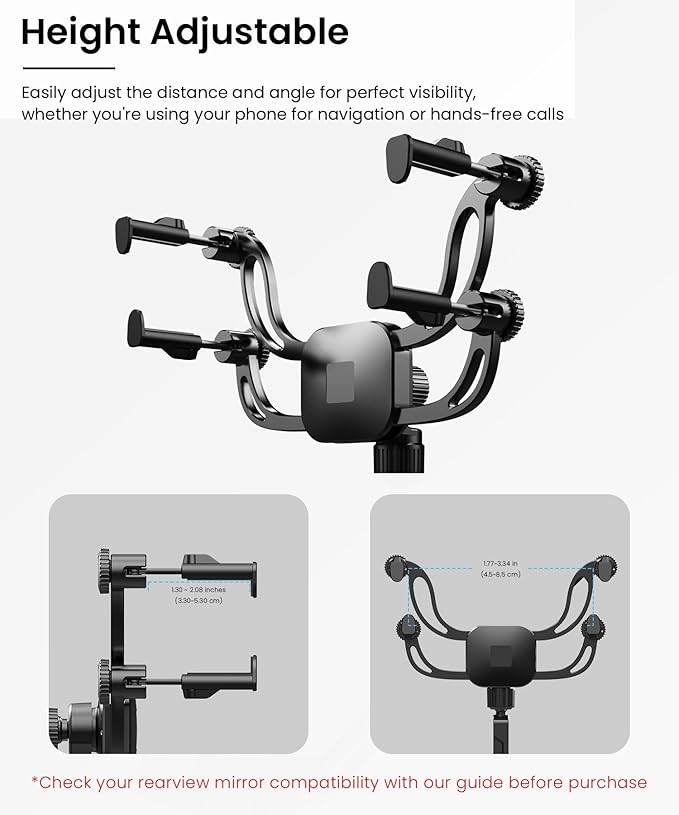 Rear View Mirror Phone Holder – Solid Metal Arm Car Phone Mount, Universal Fit for iPhone & Android, Foldable 360° Rotation Clip, Sleek Hands-Free Design Stable Mount for Navigation & Calls