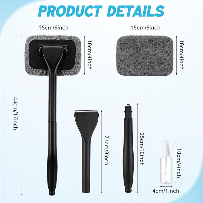 FoldTier 8 Pcs Car Windshield Cleaner Tool Kit with Removable Handle, Microfiber Towel Pads, Brush, Empty Spray Bottle for Auto Glass Wiper Suvs Rvs & Home Windows(Grey)