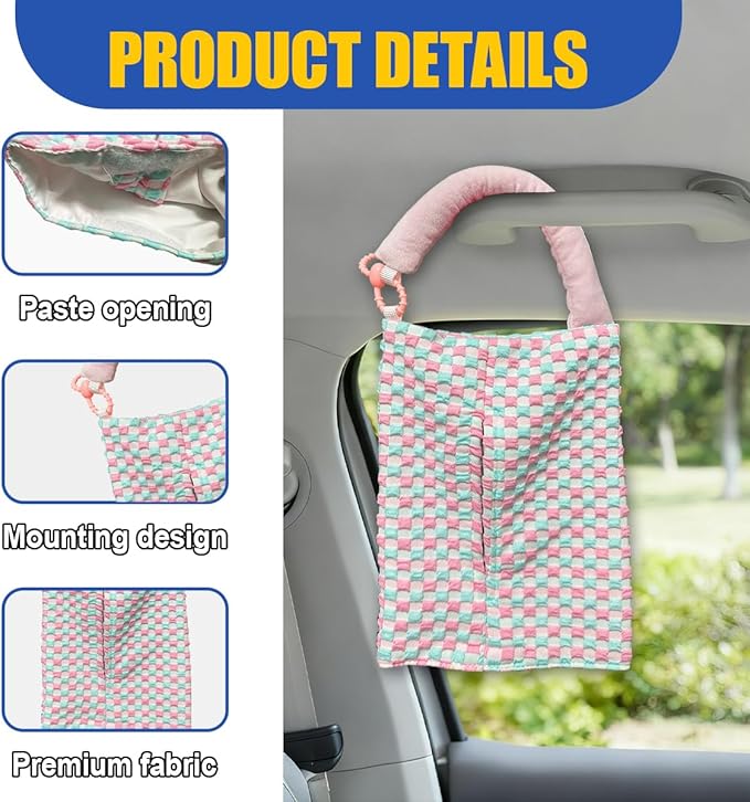 Car Tissue Holder, Checkered Pattern Car Backseat Napkin Holder, Rectangular Canvas Hanging Auto Tissues Box, Universal Vehicle Storage Organizer Accessory for Phone, Small Items (Blue)