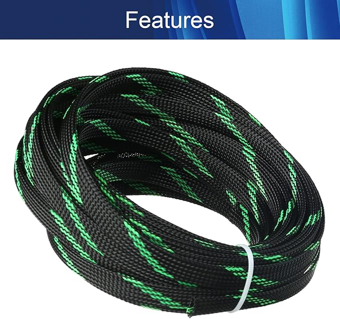 Aicosineg Black and Fluorescent Green PET Braided Sleeving 32.81 Ft Length 0.39 Inch Flat Width Cable Sleeve for Protect Cable 1Pcs