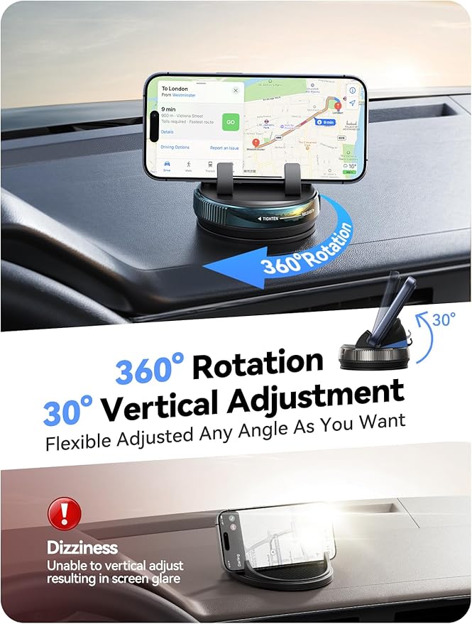 JOYROOM Car Phone Mount, [360° Rotation+Thick Case Friendly] Cell Phone Car Holder with Adjustable Spring Clip, Anti-Slip Silicone Universal Dashboard phone holder for Car for iPhone, Smartphones, GPS