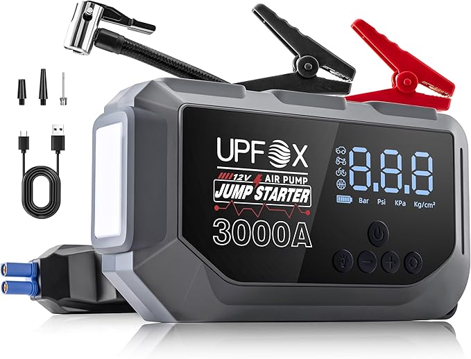 3000A Jump Starter with Air Compressor 12V, 44.4Wh Portable Car Jump Starter for 8.0L Gas & 6.0L Diesel Engines, 150PSI Tire Inflator with LED Display, Emergency Jump Box with Jumper Cables