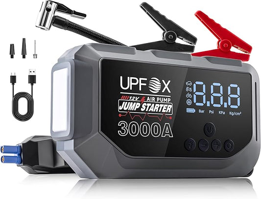 3000A Jump Starter with Air Compressor 12V, 44.4Wh Portable Car Jump Starter for 8.0L Gas & 6.0L Diesel Engines, 150PSI Tire Inflator with LED Display, Emergency Jump Box with Jumper Cables