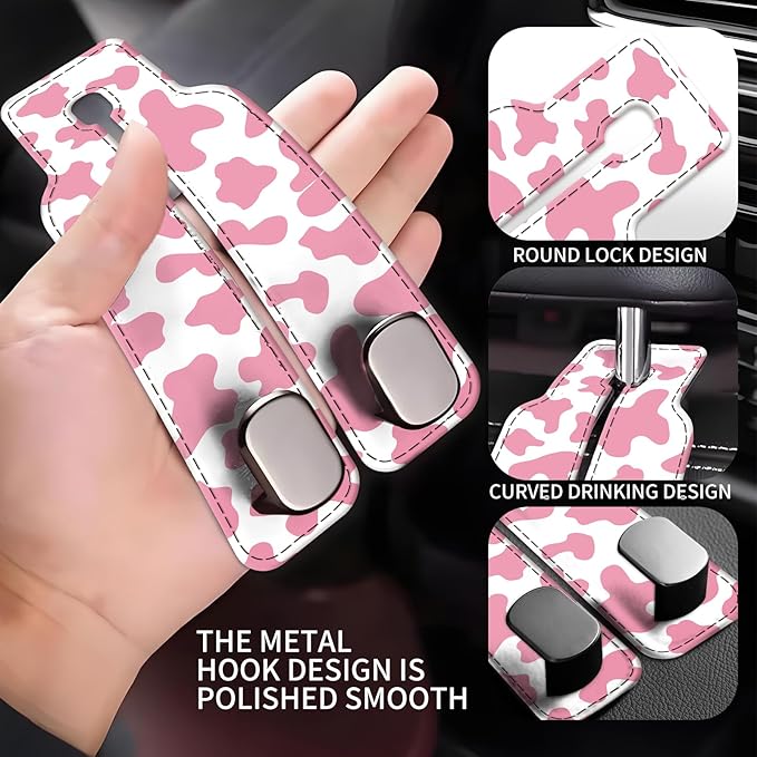 Car Seat Back Storage Headrest Hook, Premium Leather Double Metal Hook, Hanger Storage Organizer for Purse Cloth Bag, Car Interior Accessories Pink Cute Cowhide