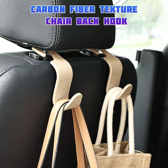 Car Seat Headrest Hooks, 4PCS Carbon Fiber Vehicle Back Seat Storage Hanger Holder for Hangbag Coat Grocery, Automotive Interior Headrest Hook Organizer, Universal for Vehicles (Beige)