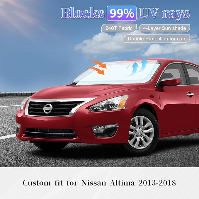 Sun Shade Sunshade for Nissan Altima 2013-2018 Windshield Cover,4-Layer Front Window Shade Custom fit Altima Sun Visor 240T Retractable Shade Shield Blocks UV Rays Cooler Car Accessories