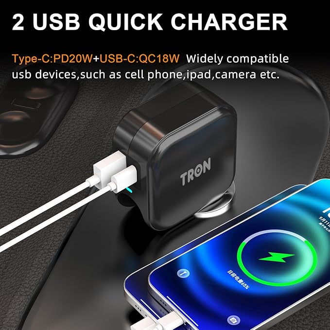 TRON Wall & Car Charger Travel Charging Station, 36W Dual USB-C & USB-A Fast Charger, Foldable for iPhone, iPad, Samsung Galaxy S22/S21, AirPods – TR17