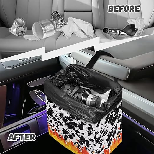 2 Gallons Open-Top Car Trash Can Hanging Car Trash Bag Water Resistant Leakproof Trash Bag Car Accessories for Women Men, Cow Spot Fire Pattern