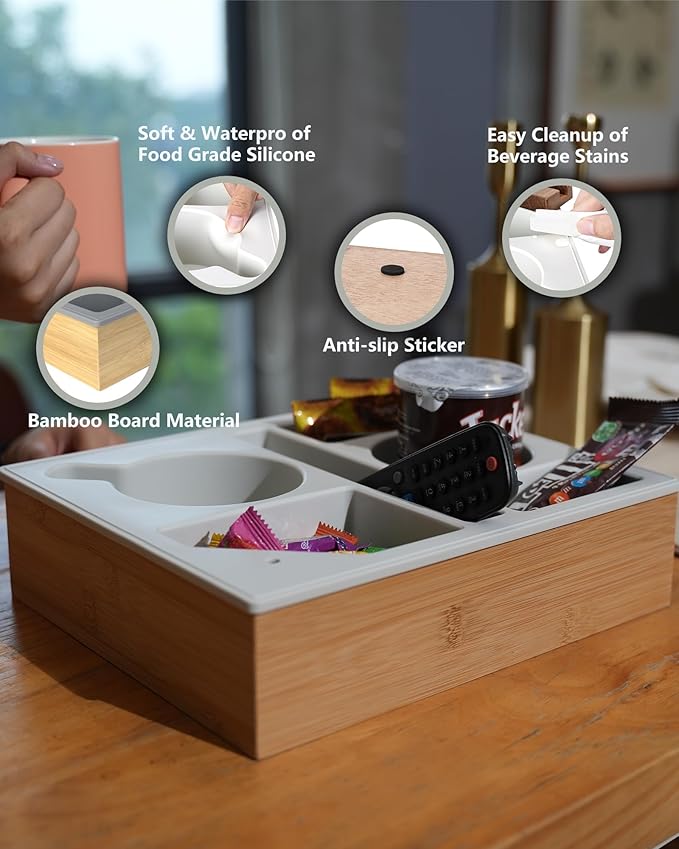 Couch Cup Holder Tray, Handy Silicone Bamboo Couch Caddy with Rotatable Phone Holder for Bed Car Seat Organizer, Waterproof Anti-Spill Couch Drink Holder for Snacks Beverage Remote (Green)