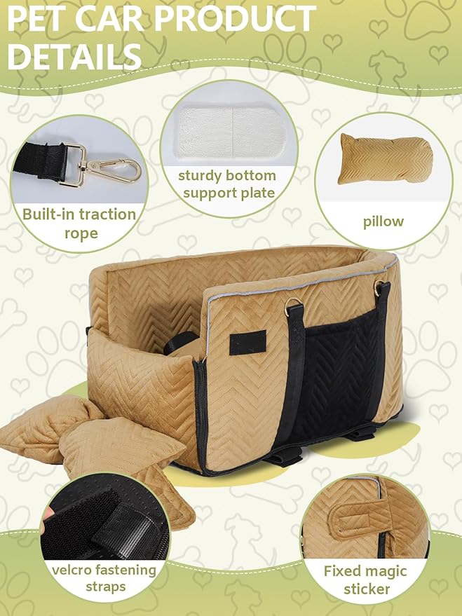 Prpeko Small Dog Car Seat, Portable Dog Seat with Soft Washable Cushion,Center Console Dog Car Seat for Small Dogs Up to 13lbs(Brown)
