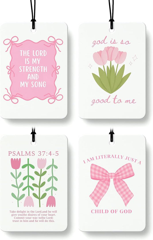 Pink Christian Cologne Car Air Freshener 4 Pcs, Coquette Pink Bow Floral Hanging Air Freshener for Cars Bathroom Dorm Books Decor, Cute Christian Accessories Gifts for Women Girls