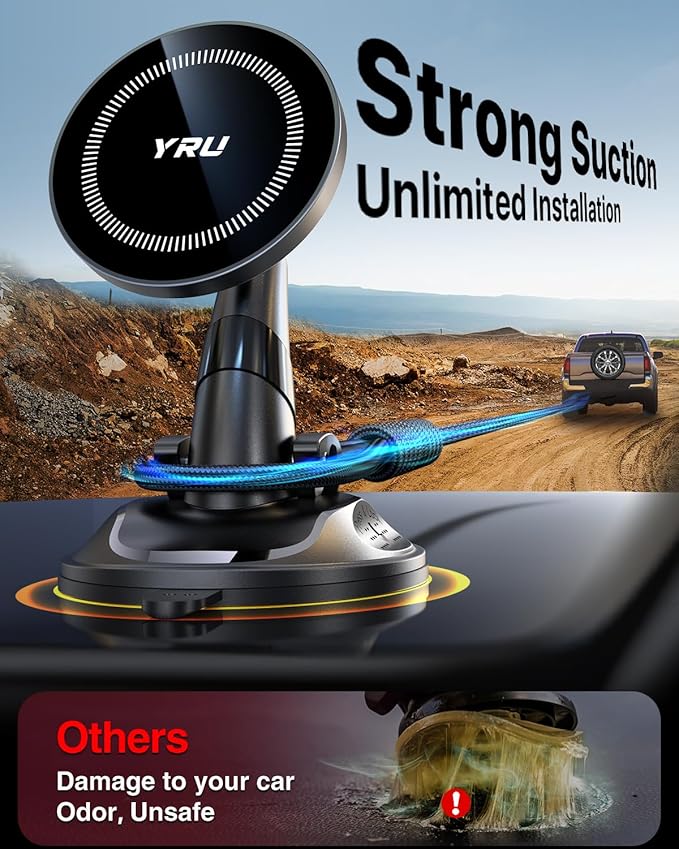 YRU [True Upgraded Military-Grade Phone Holder for Magsafe Car Mount 360° Rotating Vacuum Suction Dashboard, 2800gf Strongest Magnetic Windshield Phone Mount for iPhone 17 Pro Max 16 15 14,Black