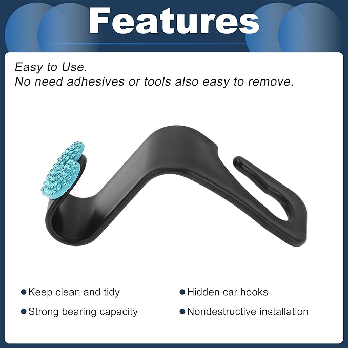 Car Seat Headrest Hook Interior Accessories for Most Car, SUV, Truck Car Seat Back Organizer Hooks Plastic Rhinestone Sturdy Blue 2.4"x1.26"
