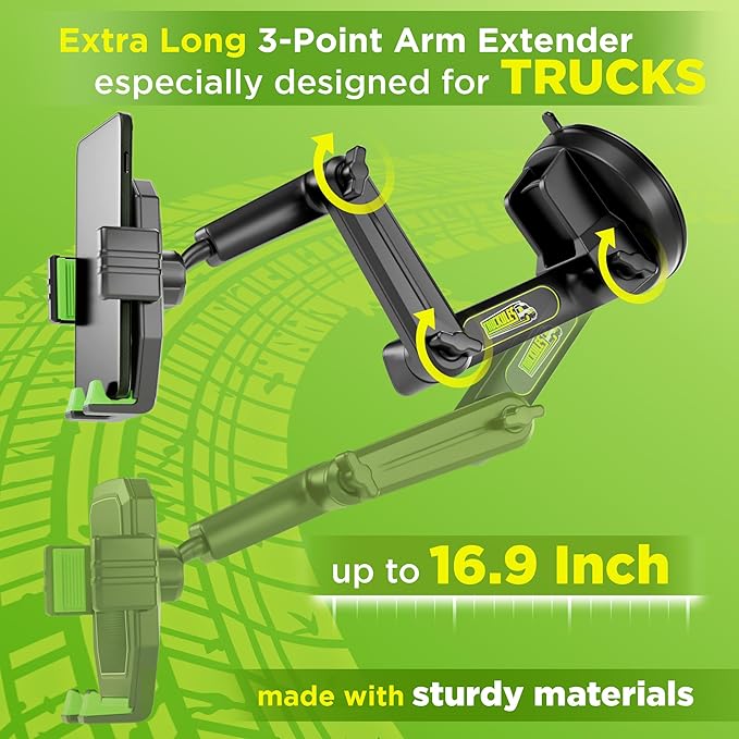 Cell Phone Mount for Truck Phone Holder for Truck Drivers - Heavy Duty Suction Cup + Dashboard Pad, iPhone Holder for Dashboard Window 16.9 inch Long, for iPhone & Samsung, Commercial Trucker, Green