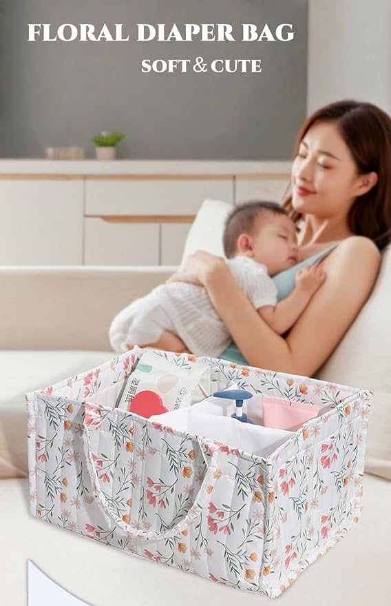 Diaper Caddy Organizer,Cute Floral Nursery Storage Basket,Soft Portable Changing Table Car Caddy Organizer Gift (Floral D)