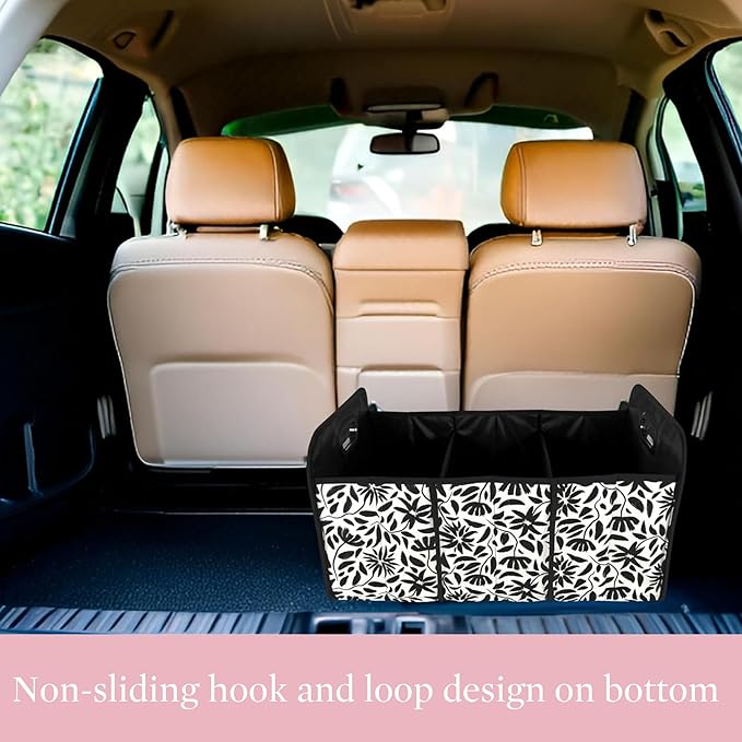 Steel Mill & Co Car Storage Bin, Car Accessories for Women, Cute Diaper Caddy/Trash/Grocery Tote for Vehicle, Trunk Organizer with Compartments, Hand Drawn Black Floral
