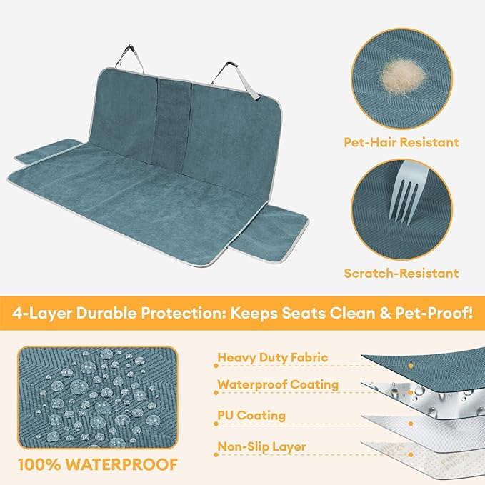 FUNNY FUZZY Dog Car Seat Cover for Back Seat, Back Seat Pet Cover for Dogs Waterproof, Scratchproof Dog Backseat Cover, Non-Slip Bench Car Seat Protector, Universal Fit Most Cars, SUVs, Trucks, Blue