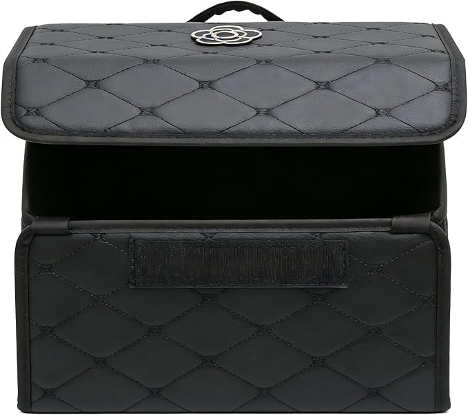 Tissting Car Storage Box, 15.35 x 12.2 x 11.42 inch PU Leather Trunk Suv Organizer with Lid, Black Garage Cargo Organizer for Camping Picnic Shopping