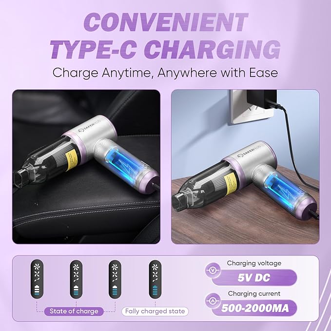SakerPlus Mini Vacuum Cleaner, 3 in 1 Cordless Handheld Vacuum Cleaners, 18000Pa High Power Car Vacuum Cleaner with Brushless Motor,Adjustable Car Vaccum Portable for Cars,Desktop (Sliver and Purple)