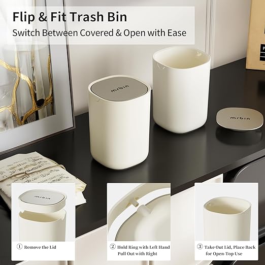 MRBIN Desk Mini Trash Can, 0.4 Gallon Table Top Plastic Waste Basket with Stainless Steel Lid, Small Garbage Bin for Car, Bedroom, Coffee Bar, Vanity Countertop, White