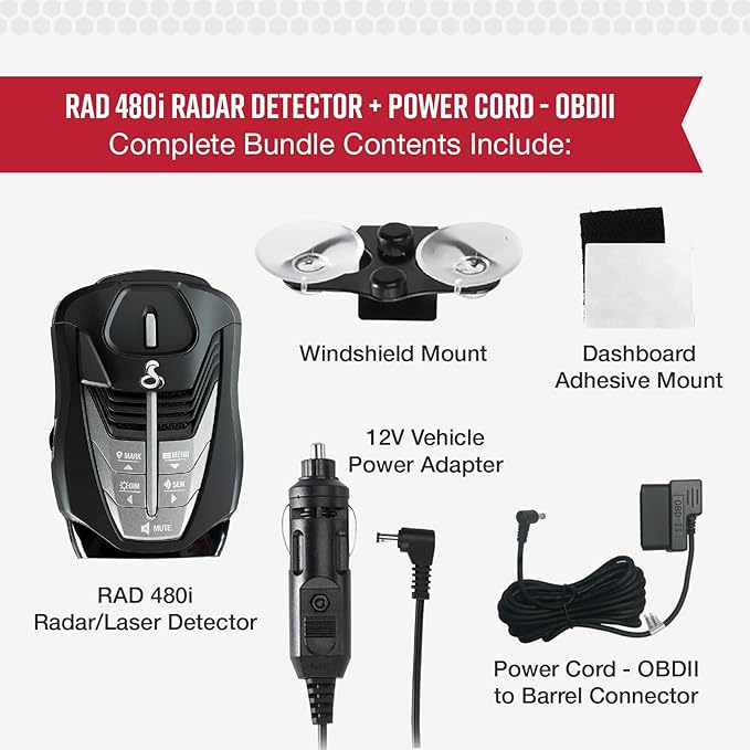 Cobra RAD 480i Laser Radar Detector + OBDII Power Cord Bundle – Long Range Detection, Bluetooth, Apple CarPlay and Android Auto Compatible, Front and Rear Detection, Digital Signal Processing, Black