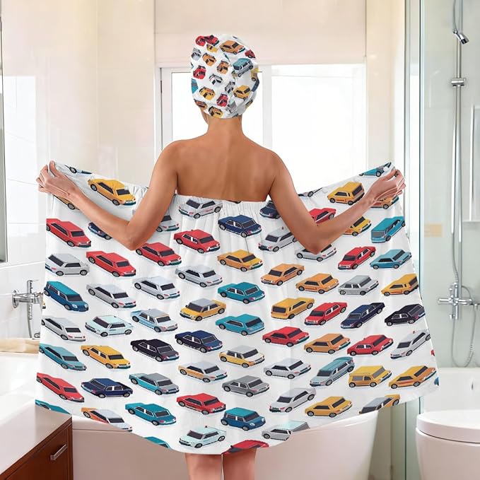 Women Bath Wrap Hair Towel Drying Cap Set Colorful Cars Pattern Print Soft Absorbent Bathrobe Shower Wraps with Adjustable Closure Spa Bath Robe