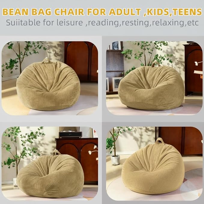 Stuffed Animal Storage Bean Bag Chair Cover (No Filler), Large Toy Storage Organizer & Comfy Kids Sofa Chair for Playroom, Teens Adults Toddler,Corduroy (Khaki, Cover Only)