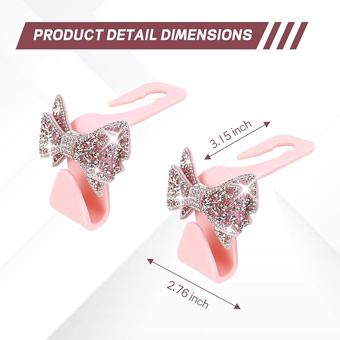 2PCS Bling Bow Car Seat Headrest Hook, Cute Bow Purse Hanger for Cars, Crystal Rhinestone Auto Seat Back Storage Hanging Hooks for Handbag Umbrella Coat Grocery Bags, Car Accessories (Pink)
