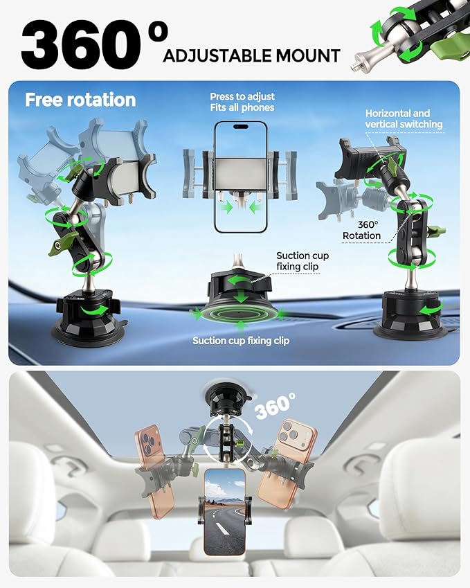 leepiya Phone Mount for car, 360° Adjustable Dashboard Windshield Car Phone Holder Mount, Ultra-Durable Metal,car Mount for Camera vlogging, Car Phone Mount for iPhone Samsung All Smartphones