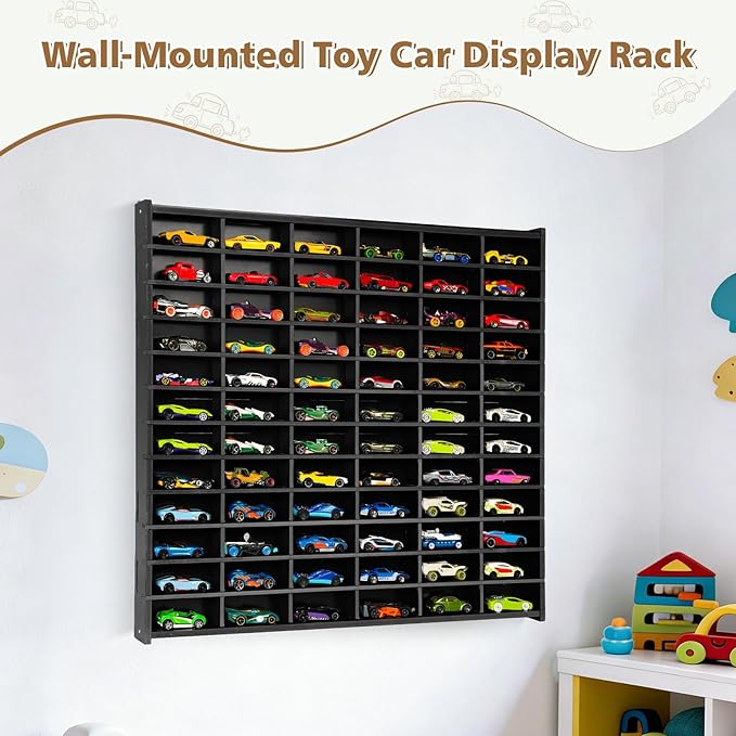 Toy Car Storage Display Case, 72 Slots Model Car Display Shelf for 1/64 Scale Toy Cars, Wall Mount Organizer Rack for Diecast Models (Black)