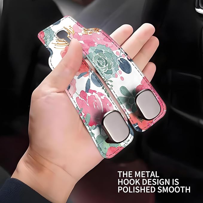 Car Seat Headrest Hook, Universal Leather Cute Hanger Holder Hook, Storage Organizer Interior Accessories for Purse Bags Handbag Cute Pink Flowers
