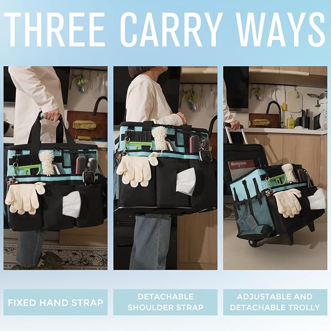 Rolling Cleaning Caddy Bag with Detachable Trolley, Large Cleaning Supplies Organizer with Wheels, Multi Pocket Cleaning Cart with Adjustable Shoulder Strap for Housekeepers & Home, SkyBlue