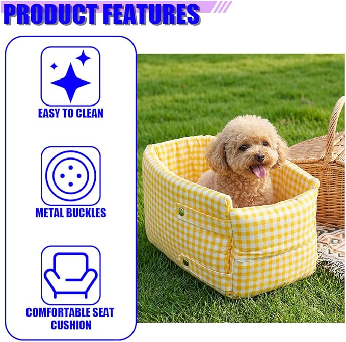 Craedli Center Console Dog Car Seat, Removable Car Armrest Box Pet Booster Seat with Safety Leash & Cushion, Washable Auto Interior Dog Carseat for Small Pets, Fit Most Cars (Yellow)