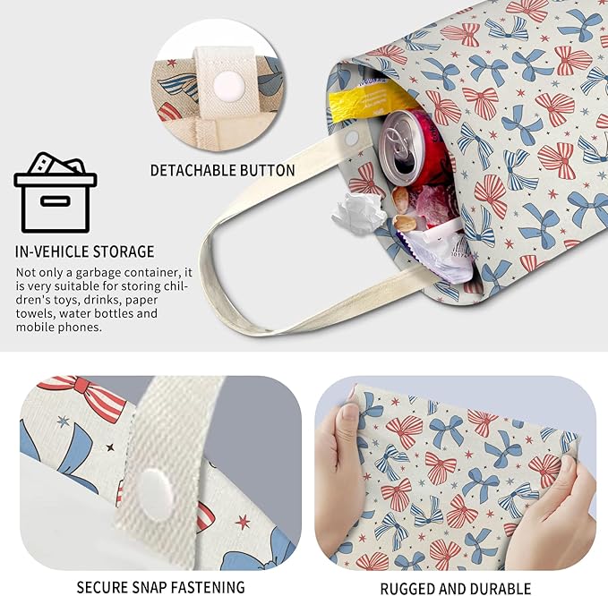 Cute Car Trash Can, Hanging Canvas Car Back Seat Organizer and Storage Bag, Funny Car Trash Bag for Travelling, Outdoor Cute Blue Red Bow