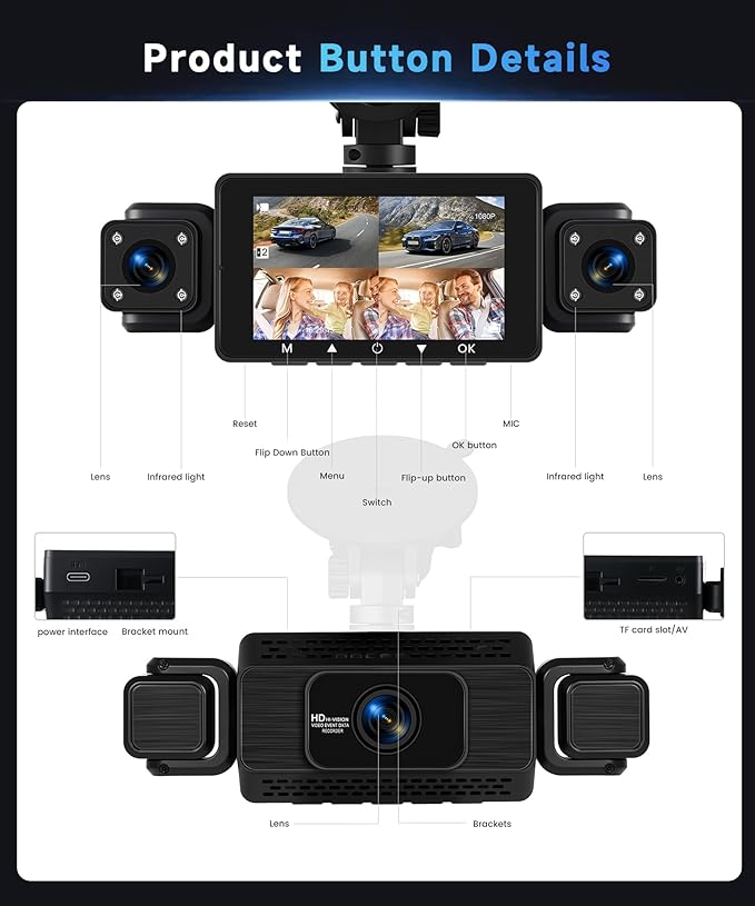 4 Channel 360° Dash Camera Front and Rear Inside Left Right, 3 Inch Dash Cam Support WiFi, Built-in Night Vision Sensitive Motion Detection 24/7 Recording Parking Mode Monitor Reversing Help