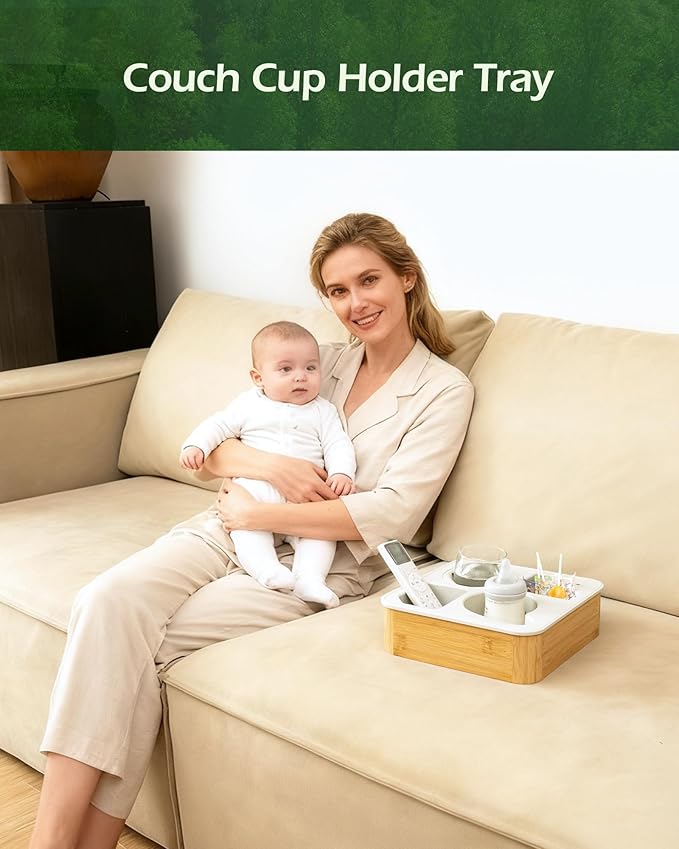 Couch Cup Holder Tray, Bamboo Couch Caddy with Rotatable Phone Holder for Bed Organizer, Waterproof Anti-spill Sofa Cup Holder for Snacks Beverage Remote Black