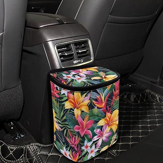 Talayituse Tropical Hiiscus Plumeria Print Car Trash Can with Lid, Leak Proof Auto Trash Bag Hanging Vehicle Garbage Can Multipurpose Storage Container for Back Seat Road Trip