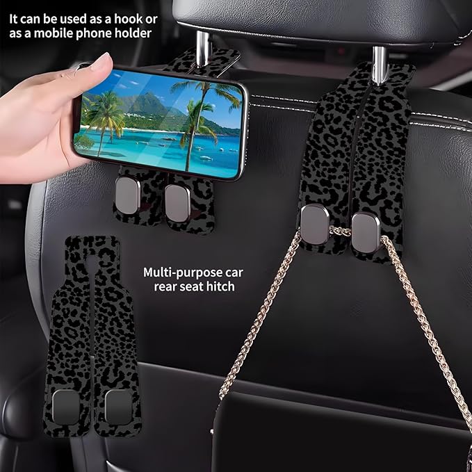 Car Seat Back Storage Headrest Hook, Premium Leather Double Metal Hook, Hanger Storage Organizer for Purse Cloth Bag, Car Interior Accessories Luxury Black Leopard