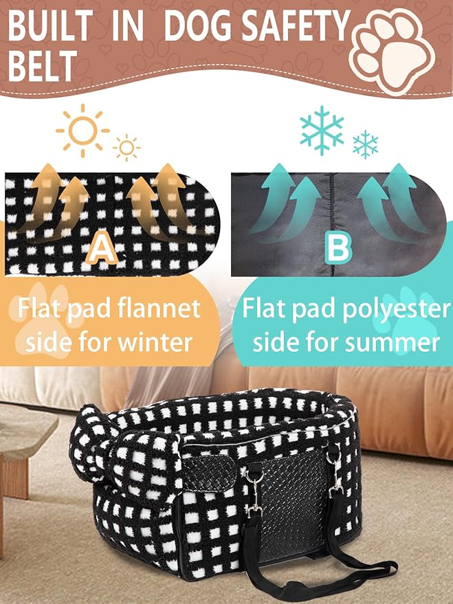 Prpeko Portable Dog & Cat Car Seat - Under 13 lbs, With Cozy Bow Neck Pillow (Grid-Black)