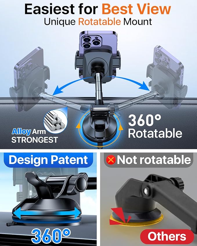 YRU True Military Grade Car Phone Holder Upgraded Strongest Rotatable Suction Cup Cell Phone Mount for Dashboard Windshield, Truck Cradle Dash Stand for iPhone 17 16 Pro Max 15 14 13 Android, Black