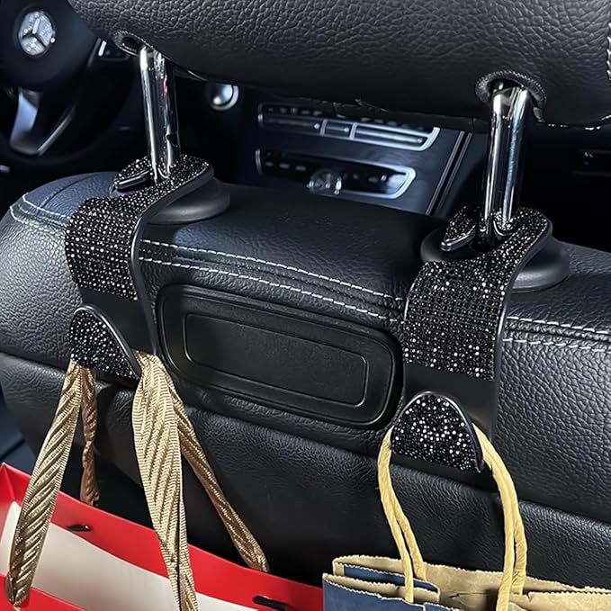 Zpana 4PCS Bling Car Seat Headrest Hooks, Vehicle Back Seat Purse Handbag Hanging Holder with Crystal Rhinestone, Diamond Storage Organizer Hook, Universal Automotive Accessories (Black)