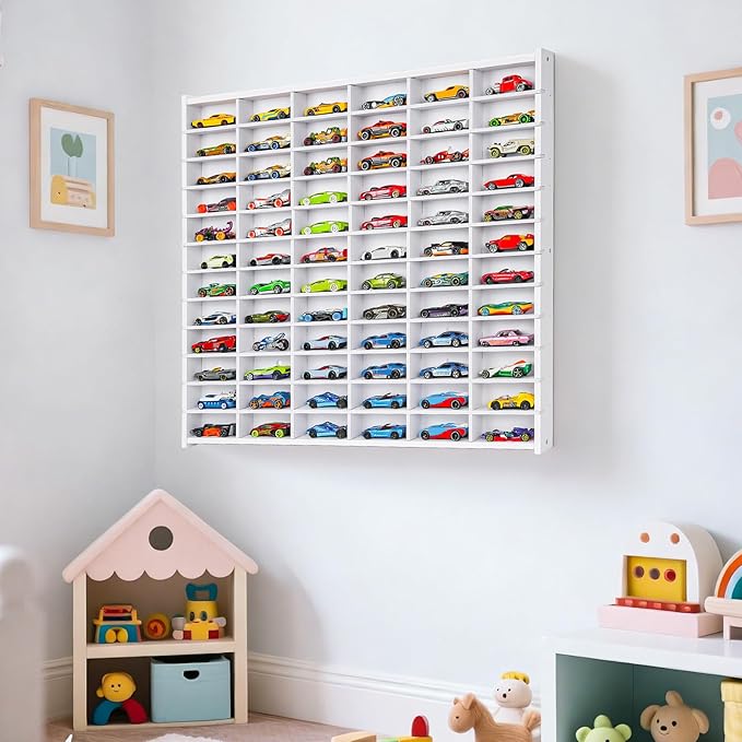 Toy Car Storage Display Case, 72 Slots Model Car Display Shelf for 1/64 Scale Toy Cars, Wall Mount Organizer Rack for Diecast Models (White)