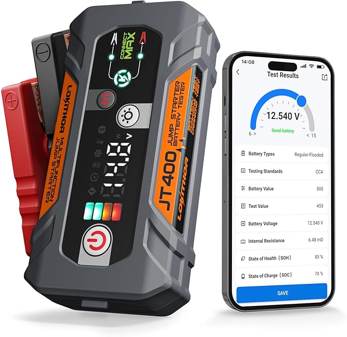 LOKITHOR JT400 12V Jump Starter and Battery Tester 2-in-1, 2500A Battery Jumper Starter Portable for Up to 8.5L Gas & 6.5L Diesel Engines, 100-2000 CCA Load Capacity Automotive Load Tester (Orange)