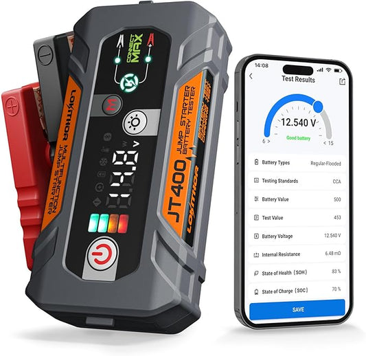 LOKITHOR JT400 12V Jump Starter and Battery Tester 2-in-1, 2500A Battery Jumper Starter Portable for Up to 8.5L Gas & 6.5L Diesel Engines, 100-2000 CCA Load Capacity Automotive Load Tester (Orange)