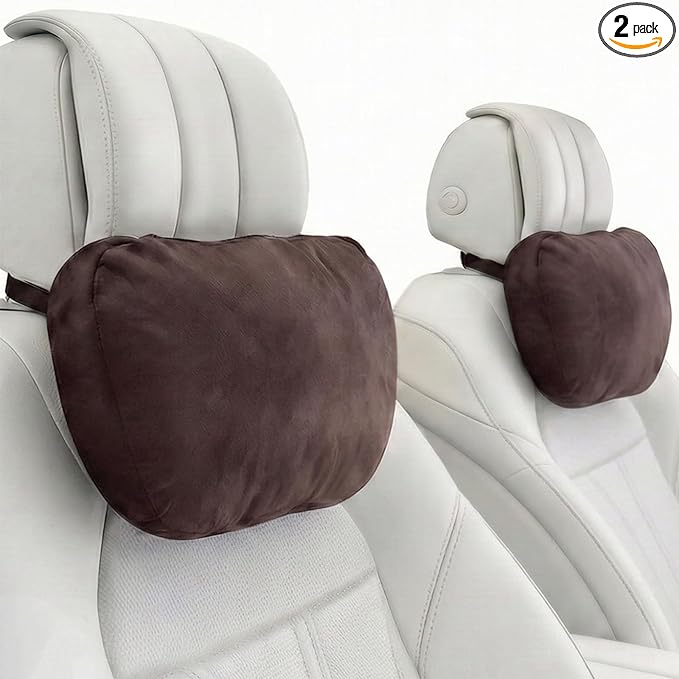 2PCS Car Pillow for Car Neck Pillow for Driving Seat Neck Support Soft Cushion Back Support Head-Rests for Vehicle Sleeping with Elastic Adjustment Strap (Coffee, Head)