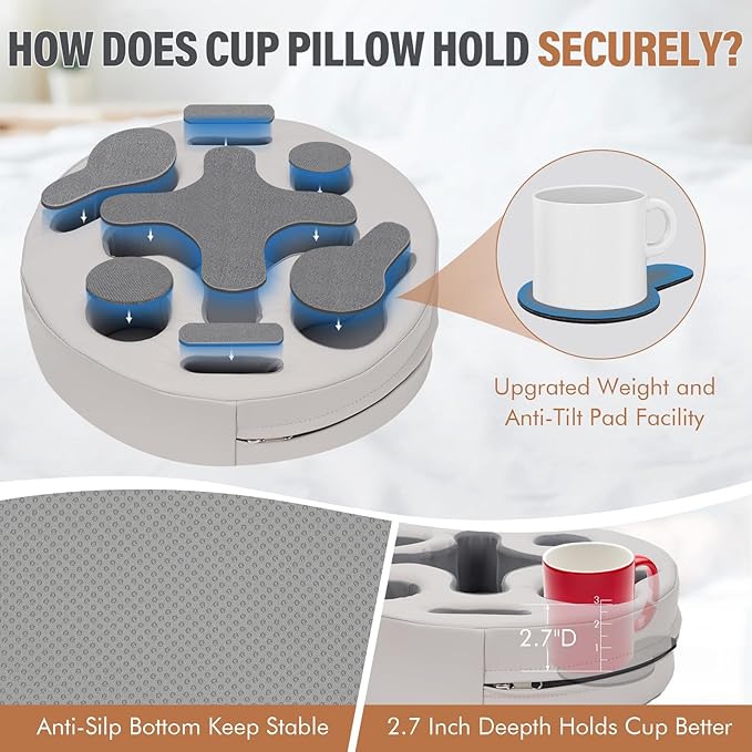 INNO STAGE Couch Cup Holder Pillow- -Sofa Cup Holder | Couch Caddy Drinks Cupholder Tray for Bed, Rv, Tv, Car, Man Cave, Backseat for Remote, Snacks (PUGrey, 13.7 x 13.7 inch)